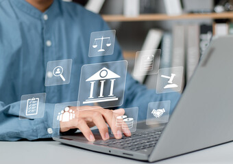 Lawyer businessman holding law innovation network icons. Legal advice Lawyer Attorney at Law....