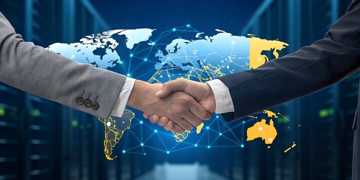 Two people in suits shaking hands with a digital globe displaying a world map with interconnected lines, set against a background of a data center or server room.