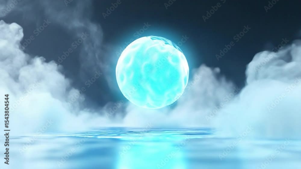 Leinwandbilder ethereal glow: mystical cyan orb floats above a tranquil ocean, enveloped in ethereal clouds, creati