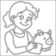 Happy girl coloring in a coloring book illustration