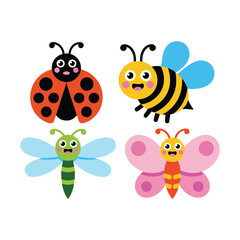 Cartoon Insects Set – Cute Ladybug, Bee, Dragonfly and Butterfly Vector.