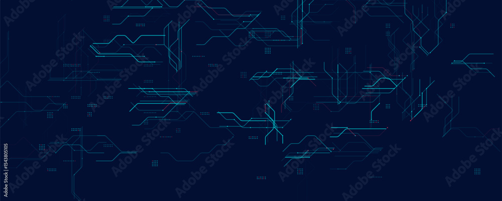 Aufkleber Futuristic Circuit Technology Background. High-Tech Digital Grid With Abstract Lines, Microchip-Like Connections, Glowing Blue Light On Dark For Innovation And AI Concepts. Vector Illustration