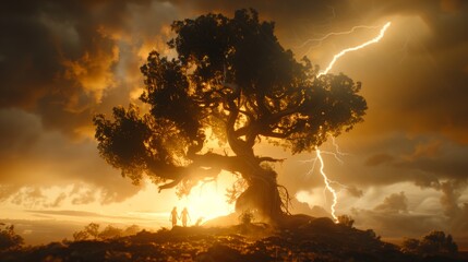 Eden, Adam and Eve beneath the tree during a dramatic lightning storm at dusk