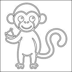 Cute cartoon monkey black and white line art illustration