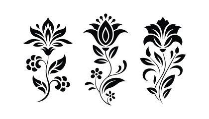 Decorative Floral Silhouettes Elegant Black Flower Ornament Set.
