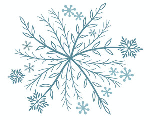 Aesthetic snowflake design with intricate branch like details and smaller snowflake accents around it
