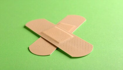 Close up photo of medical plaster on plain green background