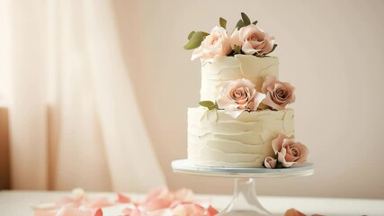 A beautiful minimalist wedding cake in white color cream decorated with rose petals decor, Wedding concept	