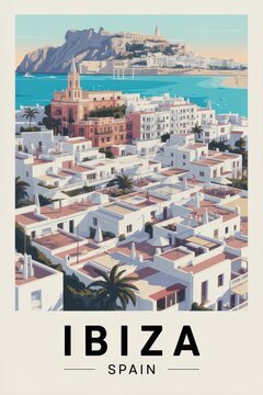 Retro Travel Poster of Ibiza with Mediterranean Architecture and Seaside View, Spain