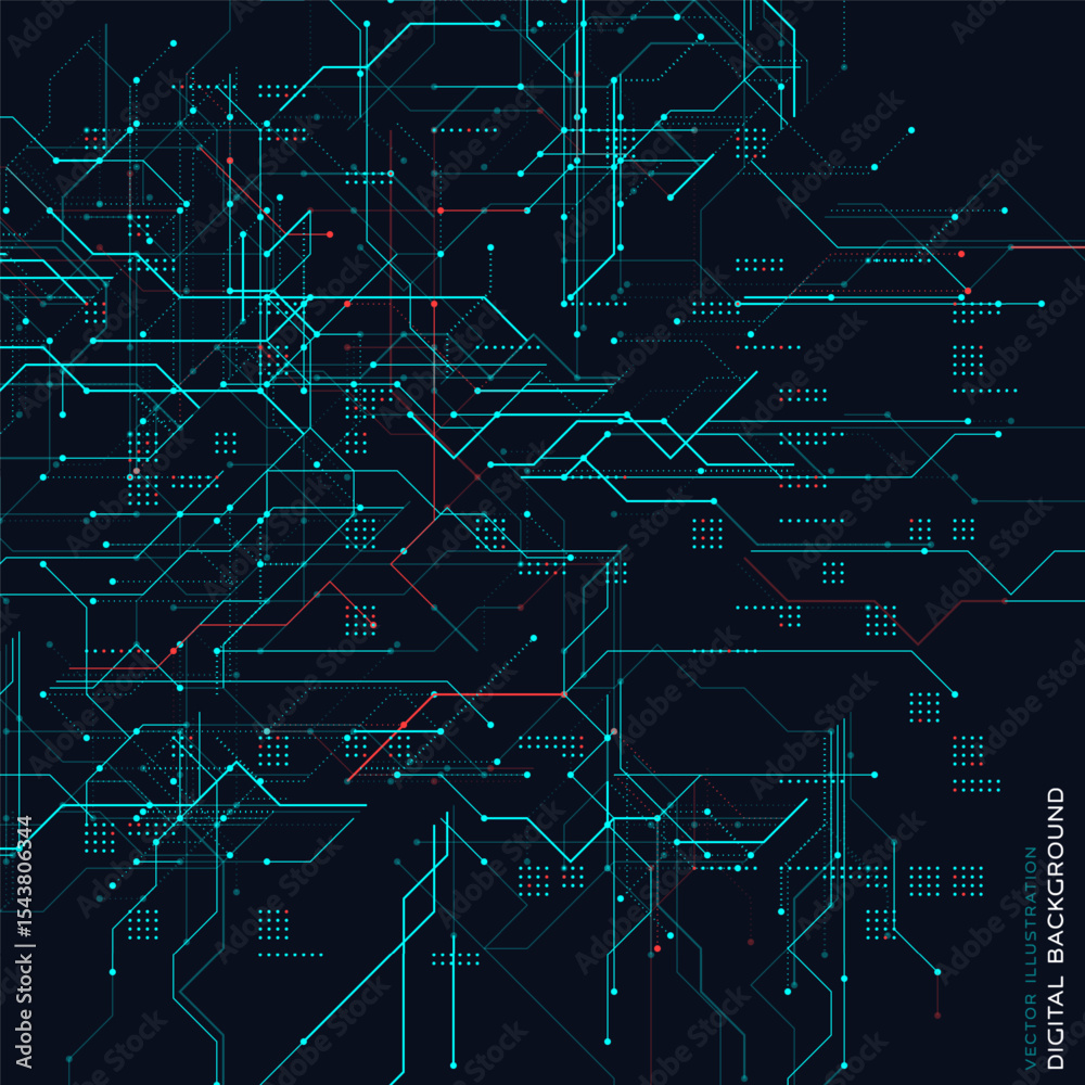 Aufkleber Futuristic Digital Technology Background. Abstract Circuit Board Pattern With Blue Red Data Lines On Dark Grid. Perfect For AI, Innovation, Cyber Themes And Tech Presentations. Vector Illustration.