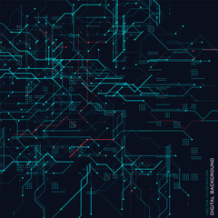 Futuristic Digital Technology Background. Abstract Circuit Board Pattern With Blue Red Data Lines On Dark Grid. Perfect For AI, Innovation, Cyber Themes And Tech Presentations. Vector Illustration.
