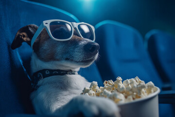 Jack Russell terrier in sunglasses holding a bucket of popcorn watches a movie in a blue cinema background. Cinema, entertainment and pet concept. Funny animal for poster, commercial, design 