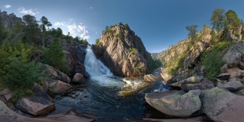 Panoramic 360 degree hdr waterfall view rocky mountains nature scene