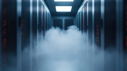 Fog envelops a high-tech server room, creating an eerie yet intriguing atmosphere that highlights the technology and machinery within a futuristic digital environment.