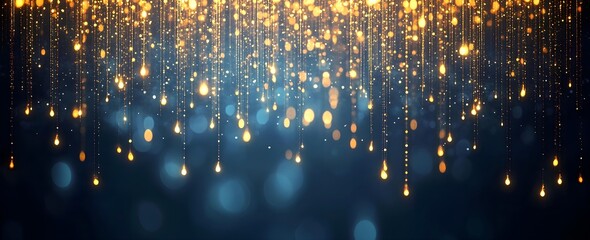 Golden, sparkling fireworks ignite the night sky in a blur of celebration and holiday lights