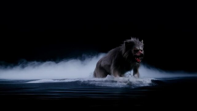 Fierce beast charging through misty water in highspeed motion capture