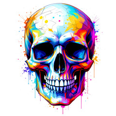 Fototapeta premium A vibrant artistic depiction of a human skull presented in a splashy and colorful illustration over white background, PNG.
