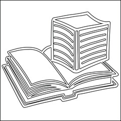 Hand drawn line art illustration of open book and pile of books