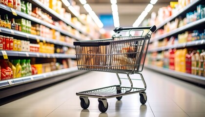 shopping cart by a store shelf in a supermarket