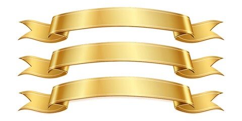 Elegant set of shiny gold banner label ribbons isolated on a clean white background, ideal for celebrations, promotions, scrapbooking, packaging, and decorative crafting projects