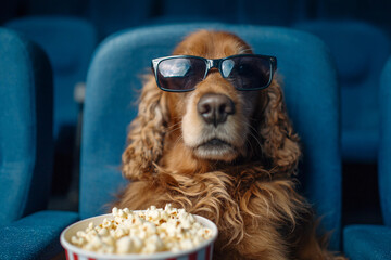 Cocker spaniel wearing sunglasses and holding a bucket of popcorn watches a movie in a blue cinema background. Cinema, entertainment and pet concept. Funny animal for poster, commercial, design 