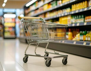 shopping cart by a store shelf in a supermarket