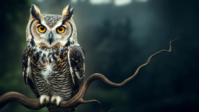 Majestic owl perched silently in misty forest, observing with bright eyes