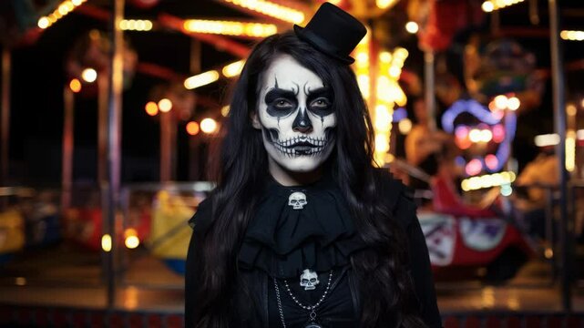 Enigmatic performer with painted face in front of vibrant carousel at night