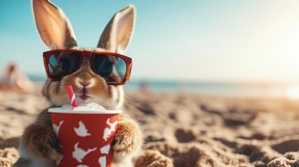 A charming bunny with sunglasses holds a drink, embodying a fun and playful summer vibe at the beach, perfect for illustrating joy and leisure in playful scenes.