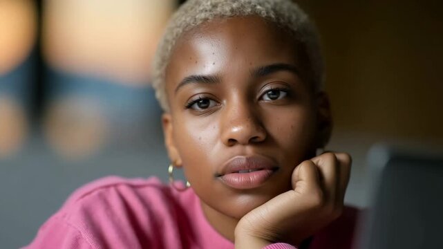 Contemplative moment: diverse woman in thoughtful pose with expressive emotion closeup
