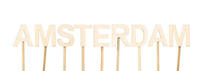 Wooden letters lined up to write Amsterdam, the capital of the Netherlands. Concept of capital cities of the world