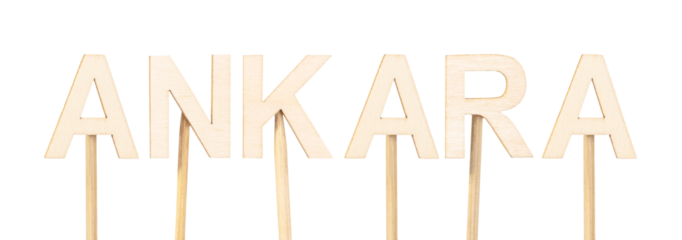 Name of Ankara, the capital of Turkey, assembled with light wooden letters on white surface, ideal concept for Eurasian design and culture