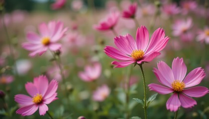 Fototapeta premium Pink cosmos flowers bloom beautifully in a vibrant summer garden, their delicate petals showcasing nature's floral artistry up close