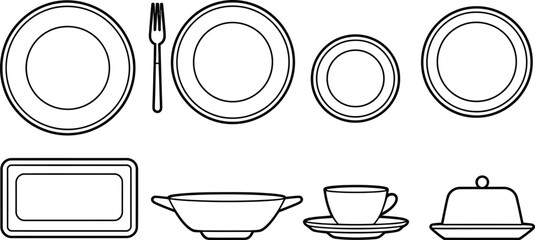 Outline illustration of various tableware items including plates and a fork