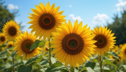 Bright yellow sunflowers blossom beautifully in a summer field under a clear blue sky, showcasing nature's vibrant agricultural beauty