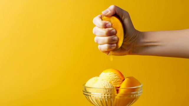 Hand squeezing orange juice over ice cream in vibrant setting