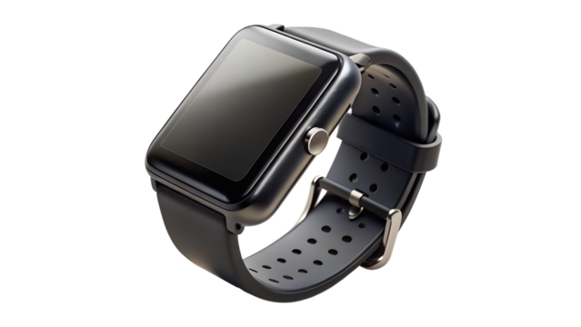 Modern smartwatch with black band isolated on transparent background