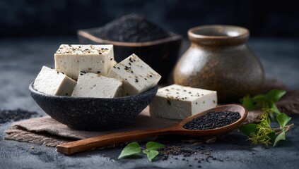 Cubed tofu in a dark bowl, sprinkled with sesame seeds, sits beside a bowl of black sesame seeds and a small ceramic pot