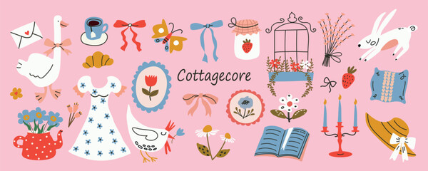Cottagecore vector set with cute flat elements. Hand drawn flowers, bows, barn, goose, chicken, butterfly, dress, book. Spring and summer country lifestyle. Farm, garden, nature theme. 