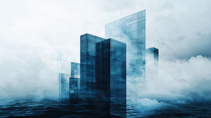 Fototapeta premium Stunning architectural photo of modern skyscrapers emerging from misty waters, creating surreal atmosphere