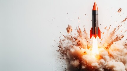 An explosive image of a rocket taking off amidst clouds of dust and smoke, signifying innovation, adventure, and the thrill of reaching new heights in technology and exploration.