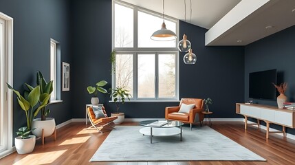 Modern minimalist room with blue walls, leather chair, plants, and natural light.