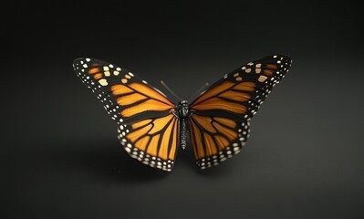 Fototapeta premium A colorful monarch butterfly with orange and black wings flies close-up on a white flower in a summer garden