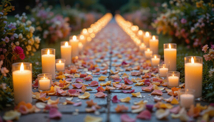 A romantic pathway illuminated by candles and strewn with colorful flower petals.