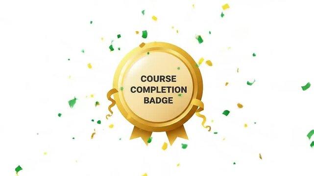 Gold course completion badge surrounded by colorful confetti, symbolizing achievement and success