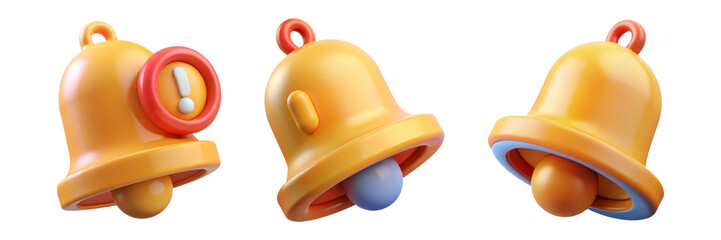 Notification Bell Icons 3D Renderings for Alert Reminder Message Symbol in Yellow Orange with Exclamation Mark on Transparent Background