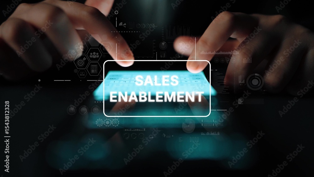 Poster digital hands interacting with smartphone displaying sales enablement concepts and data visualizatio