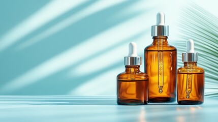 Three amber glass bottles with droppers are elegantly arranged against a light backdrop, showcasing skincare essentials perfect for beauty enthusiasts and holistic health lovers.