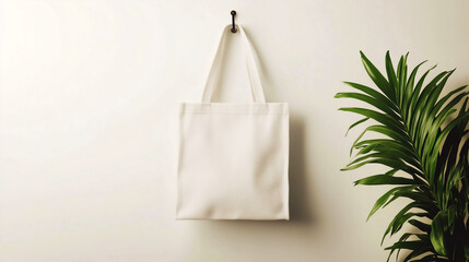 Minimalist white tote bag hanging on a wall with green plant nearby