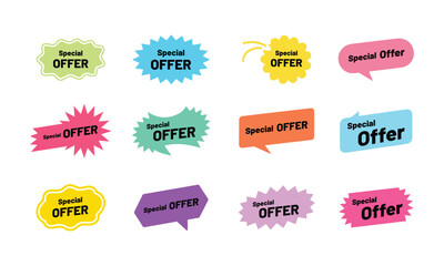 Special Offer tag badge icon set. Special offer, big sale, discount, best offer price and pricing tag badge and labels design for Marketing Materials. vector illustration.